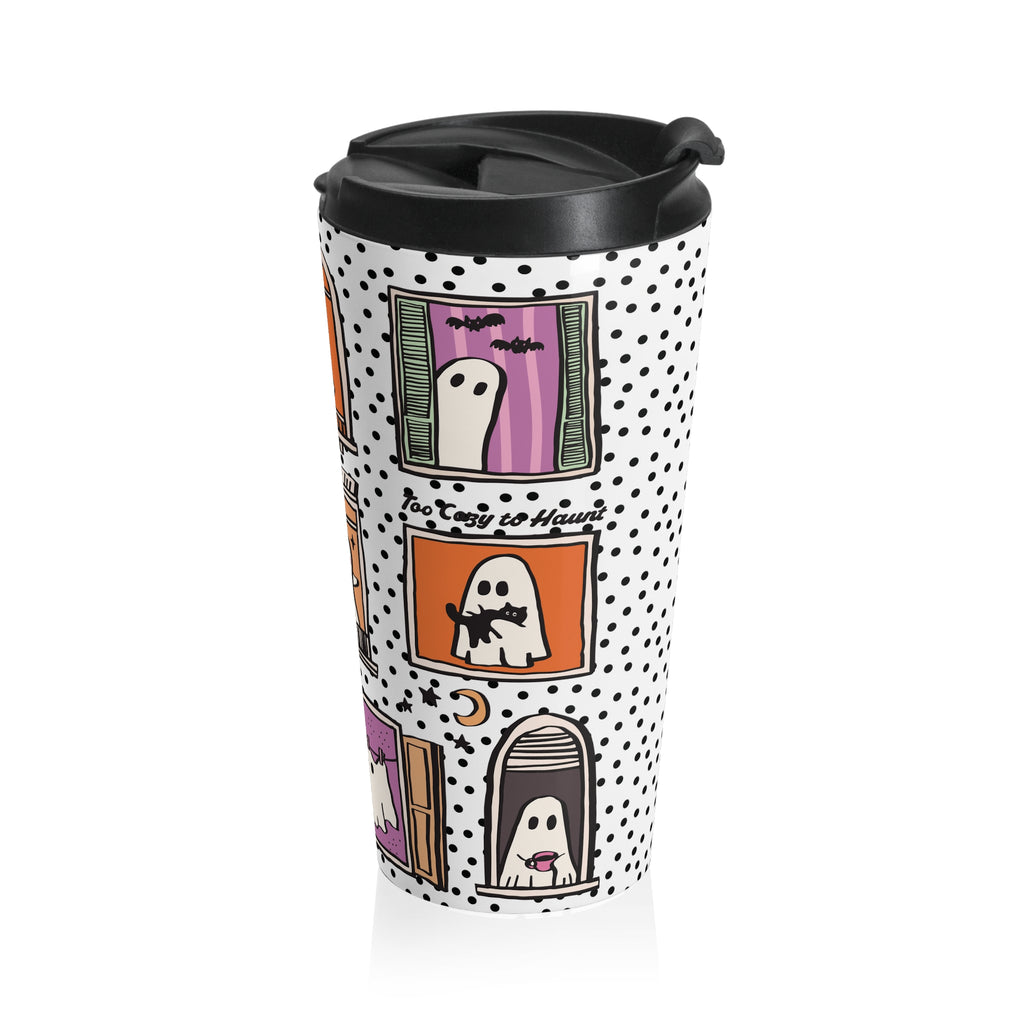 Whimsical Funny Ghost Travel Mug for Halloween Lovers, Too Cozy to Haunt, Stainless Steel Travel Mug for Gifting, Perfect for Holidays