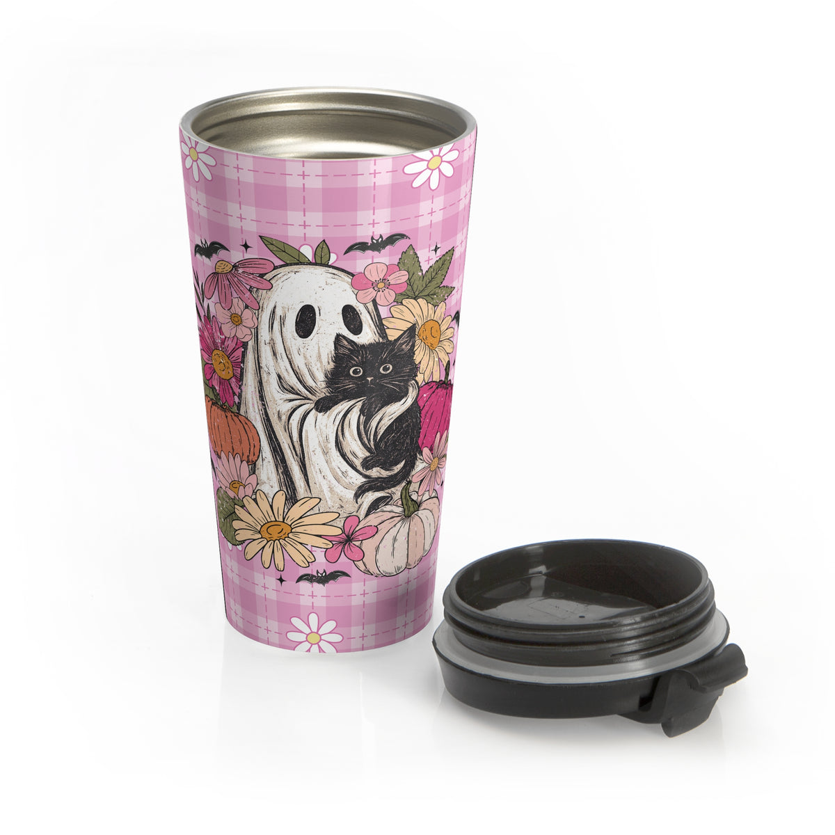Whimsical Floral Ghost and Black Cat  Travel Mug - Tranquil Vibes, Perfect for Cat Lovers, Girly Halloween