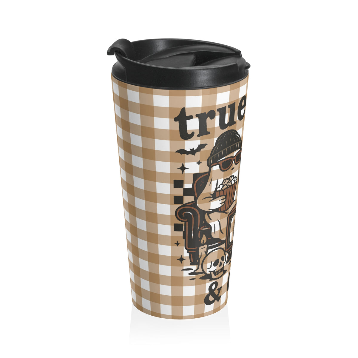 True Crime Funny Halloween Ghost Stainless Steel Travel Mug | Ideal for Camping, Hiking, Gifting, Fall Check Plaid Travel Mug, Coffee Lovers