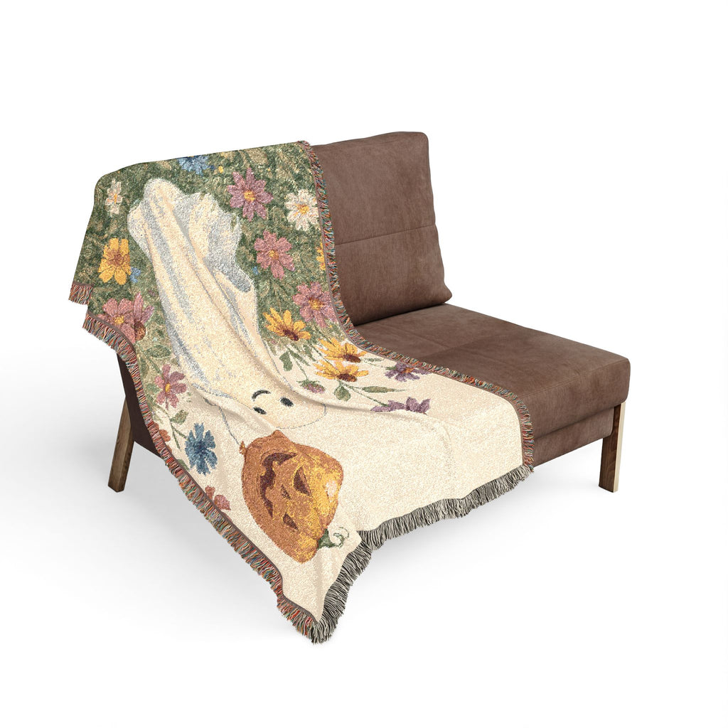 Ghost with Jack-o'-Lantern Woven Blanket | Halloween floral throw