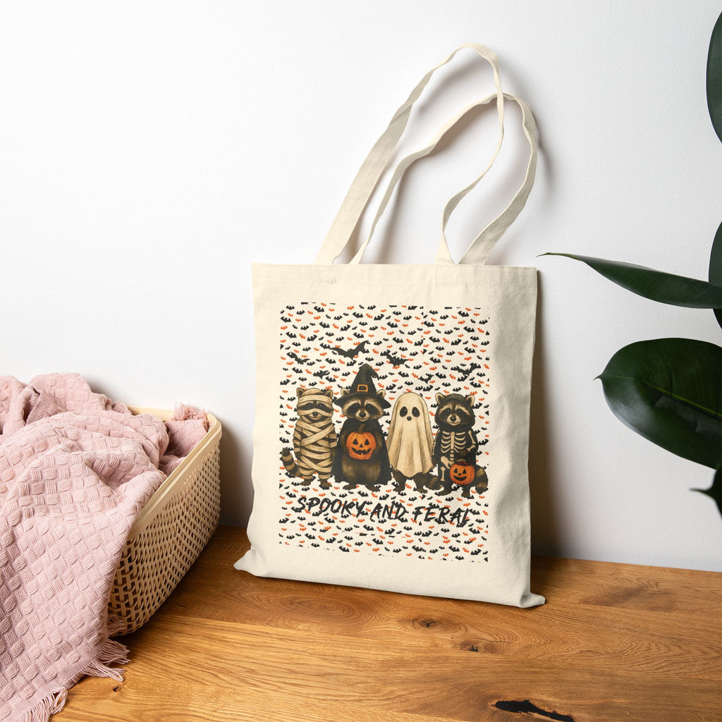 Funny "Spooky & Feral" Halloween-Themed Cotton Canvas Trick or Treat Tote Bag, Spooky Bag, Trick or Treat Tote, 15x16"
