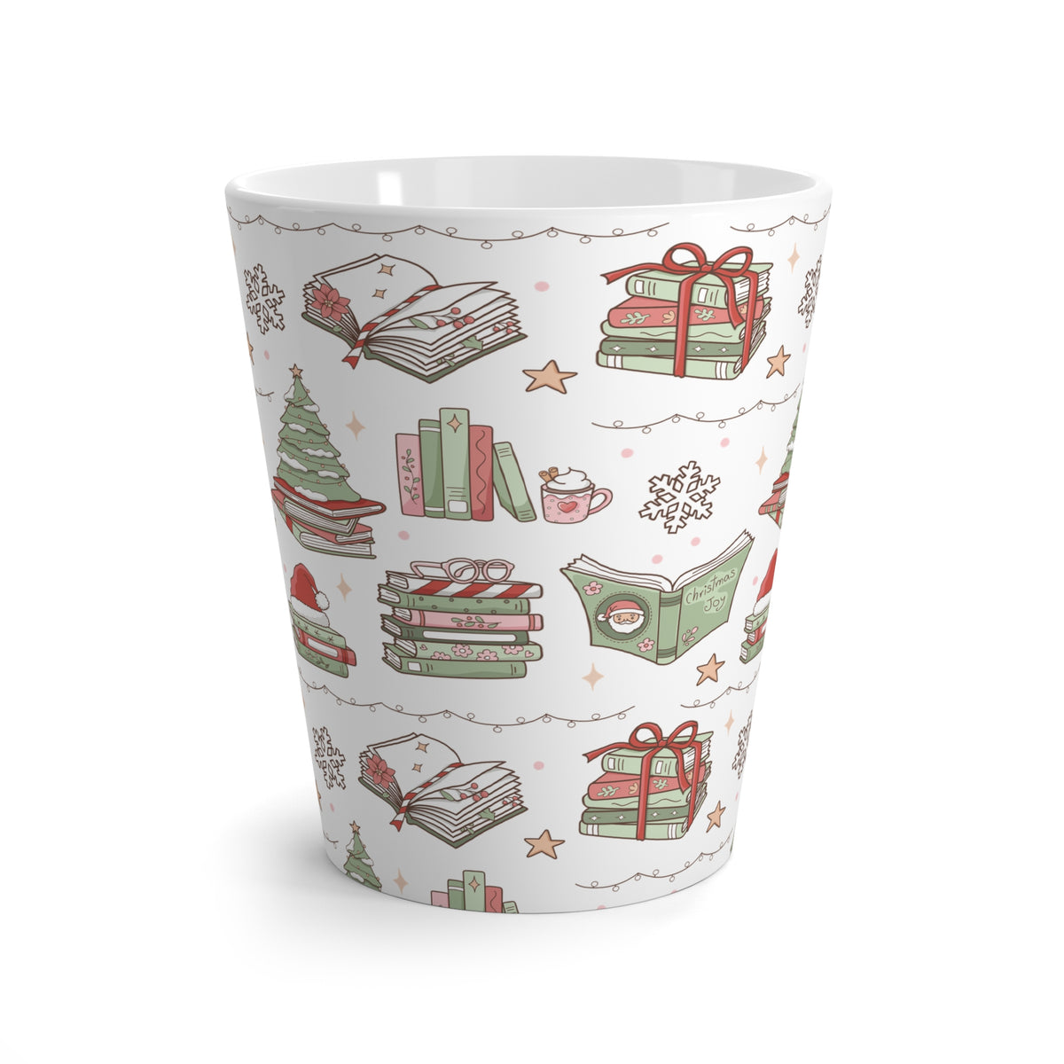 Cozy Christmas Books Pattern Latte Mug | Holiday Winter Books, Gifts, Snowflakes