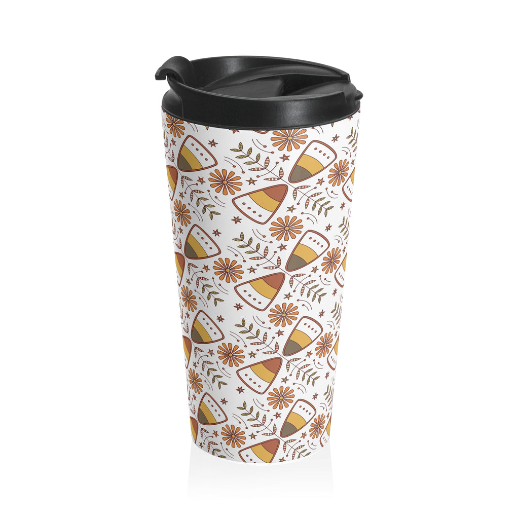 Nordic Hygge Halloween Candy Corn Stainless Steel Travel Mug, Cozy Halloween Cup, Fall Hot Drink Tumbler, Autumn Tea Mug, Spooky Coffee