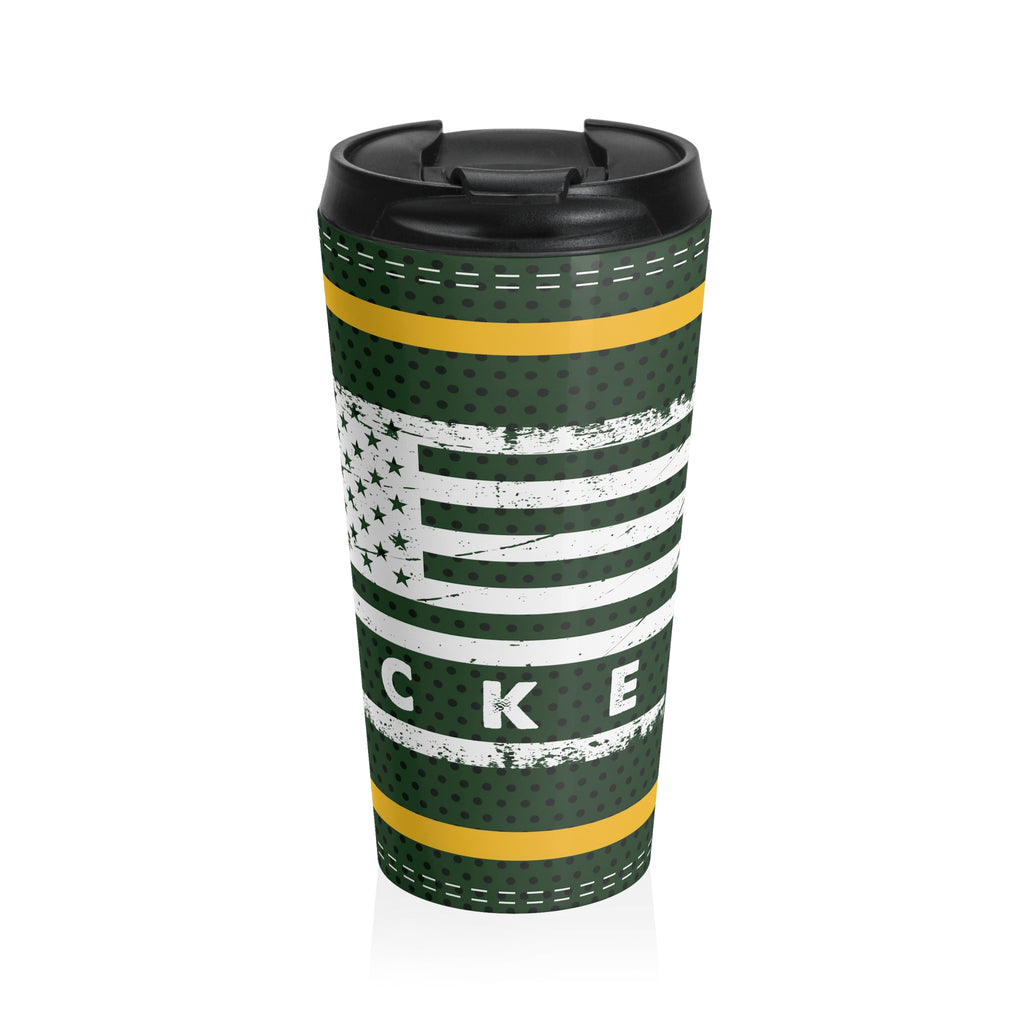 Green Bay Packers Fan Stainless Steel Travel Mug, US Flag Design, Football Jersey Pattern, Gift for Football Lover,