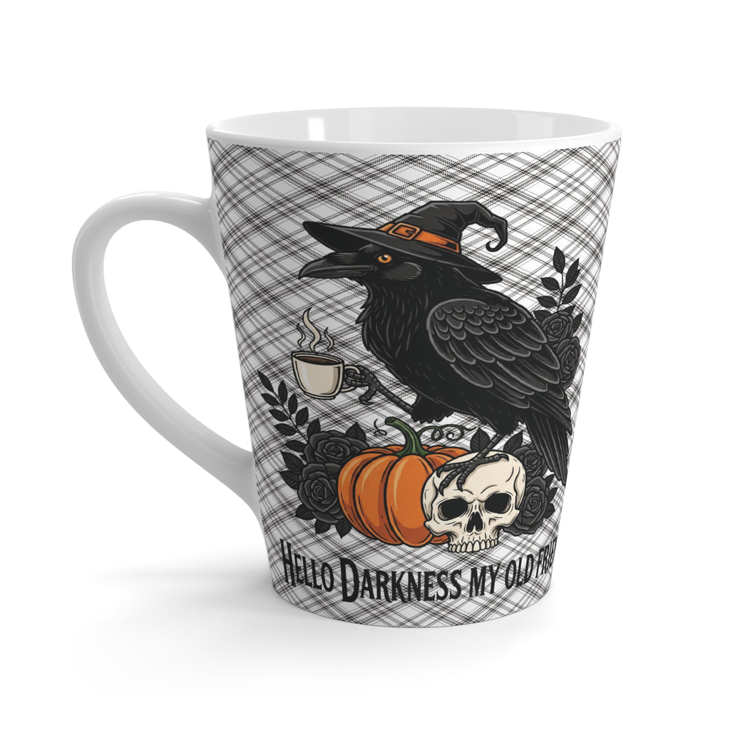 Halloween Gothic Raven "Hello Darkness My Old Friend," Halloween Gift, Black Plaid Coffee Cup for Friends, Fall Decor, Spooky Vibes