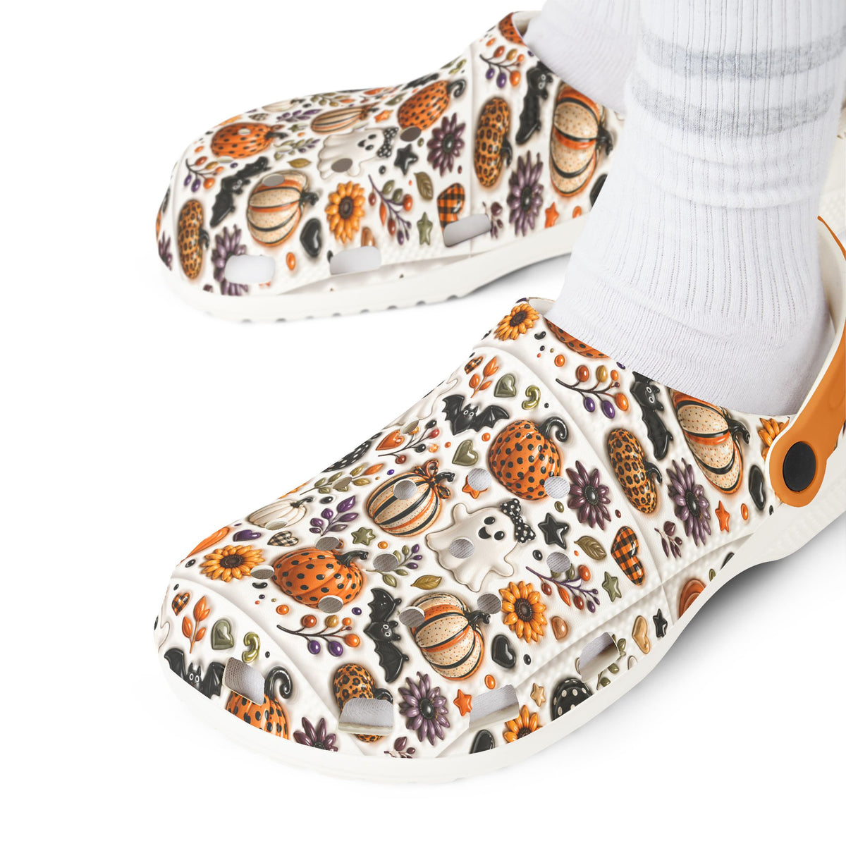 Autumn Pumpkin Pattern Clogs shoes | EVA foam slip-on clog with orange strap