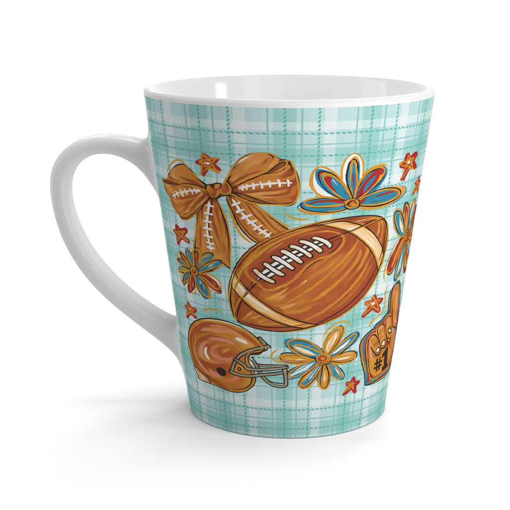 Charming Cyan Plaid Latte Mug for Football Fans, Cheerful Mug for Game Days, Coffee Lover's Gift, Coquette Bow, Celebrate Football Season