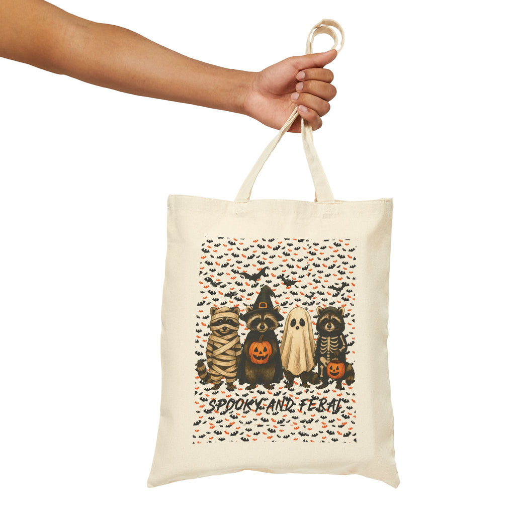 Funny "Spooky & Feral" Halloween-Themed Cotton Canvas Trick or Treat Tote Bag, Spooky Bag, Trick or Treat Tote, 15x16"