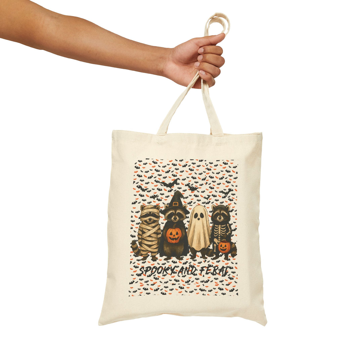 Funny "Spooky & Feral" Halloween-Themed Cotton Canvas Trick or Treat Tote Bag, Spooky Bag, Trick or Treat Tote, 15x16"