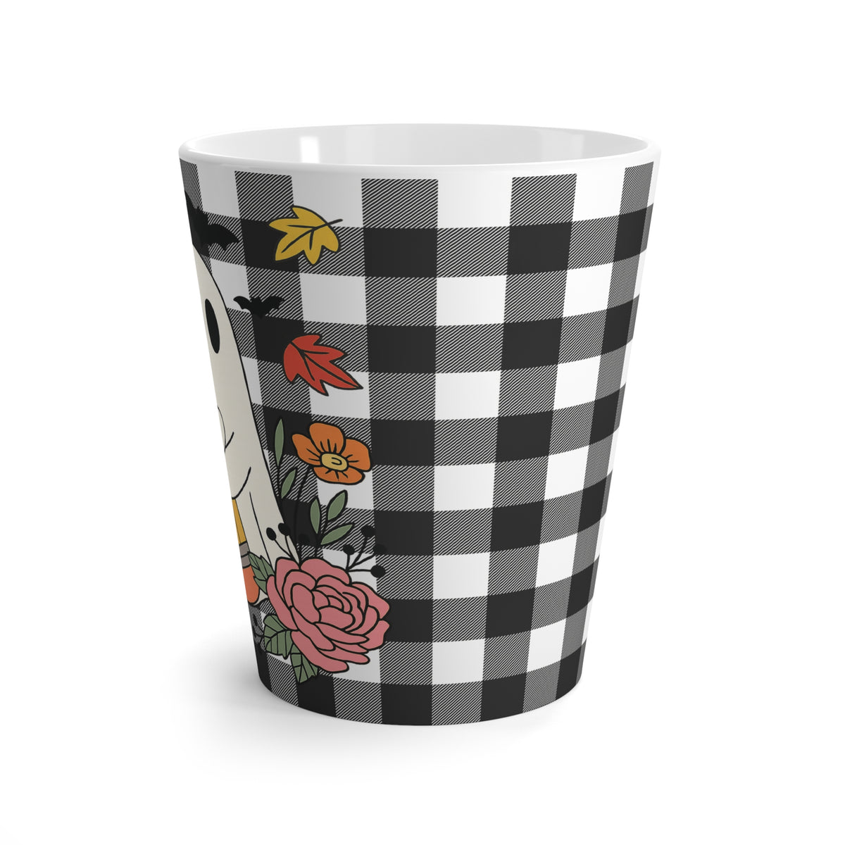 Charming School Ghost Latte Mug - Perfect for Fall, Halloween Decor, Gift for Coffee Lovers, Floral Spirit Design, Black and White Check