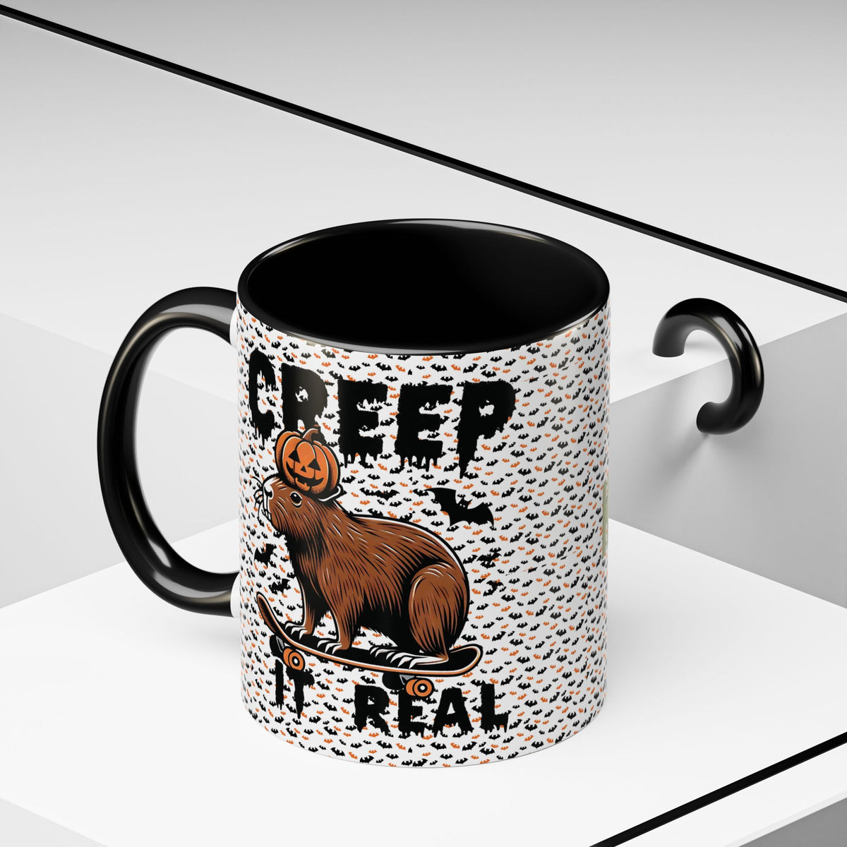 Funny Skateboarder Capybara Halloween Two-sided Mug - "Happy Halloween Bruh" & "Creep It Real"