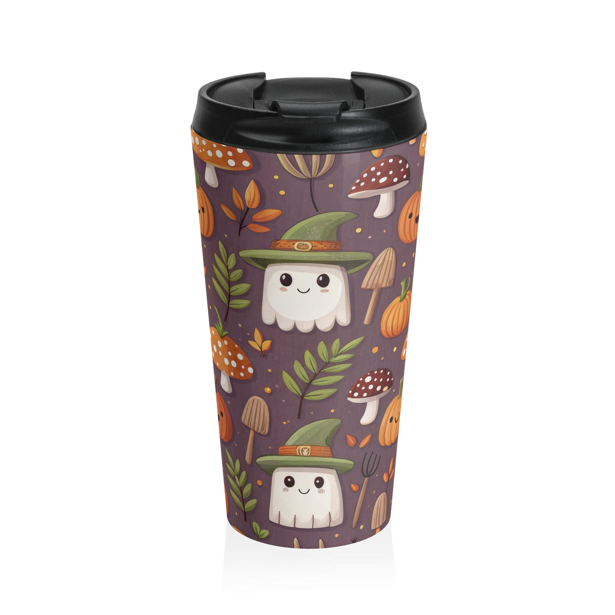 Whimsical Ghost and Mushroom Travel Mug | Halloween Coffee Cup, Eco-Friendly, Pumpkin Spice Lover's Mug