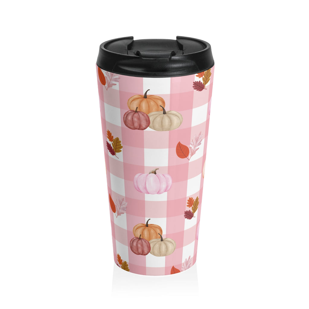 Pink Autumn Pumpkin Travel Mug, Fall Coffee Cup, Thanksgiving Gift, Seasonal Travel Mug, Cozy Home Decor, Pink Checkered Mug with Pumpkins