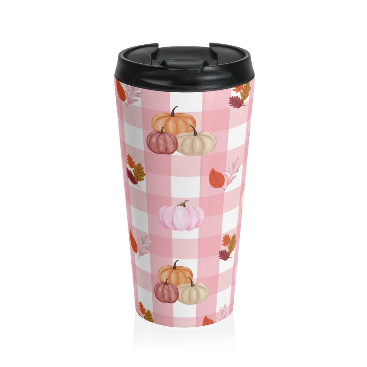 Pink Autumn Pumpkin Travel Mug, Fall Coffee Cup, Thanksgiving Gift, Seasonal Travel Mug, Cozy Home Decor, Pink Checkered Mug with Pumpkins