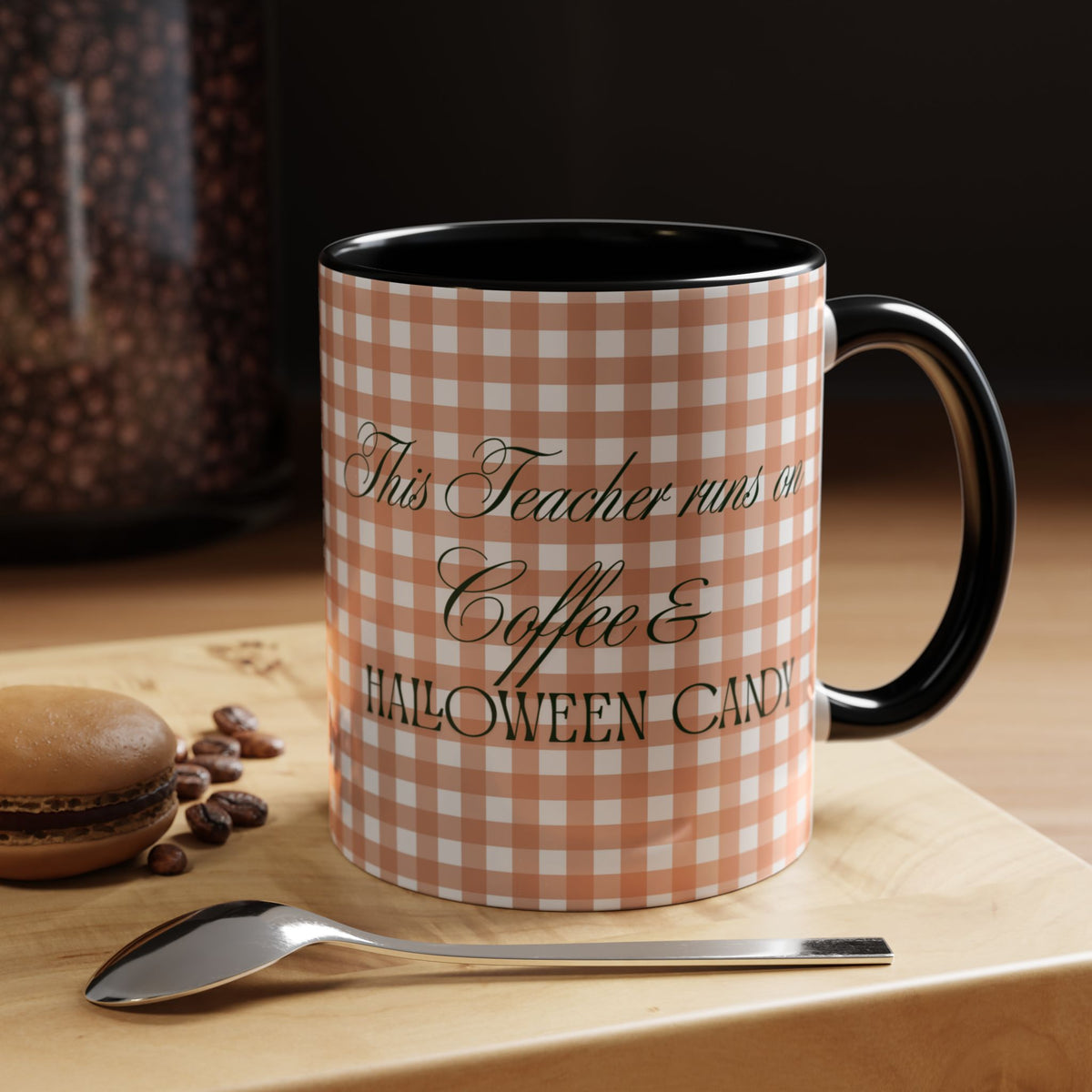 This Teacher Runs on Coffee & Halloween Candy, Cozy Plaid Quilt Style Letters Coffee Cup, Gift for Teacher Appreciation, Back to School