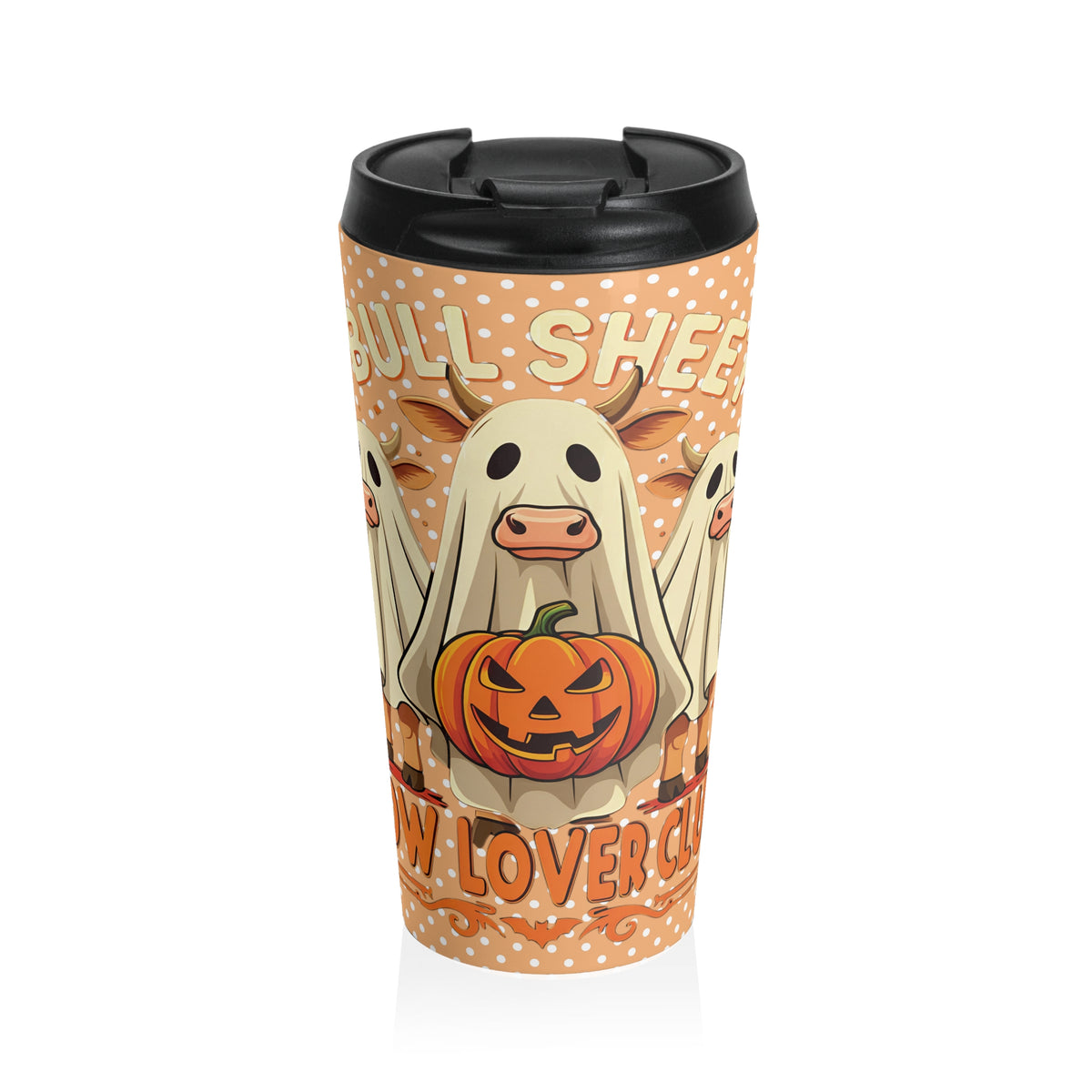 Funny Halloween Bull Sheet Polka Dot Travel Mug, Cute Cow Mug for Pumpkin Spice Lovers, Fall Coffee Cup, Farmhouse