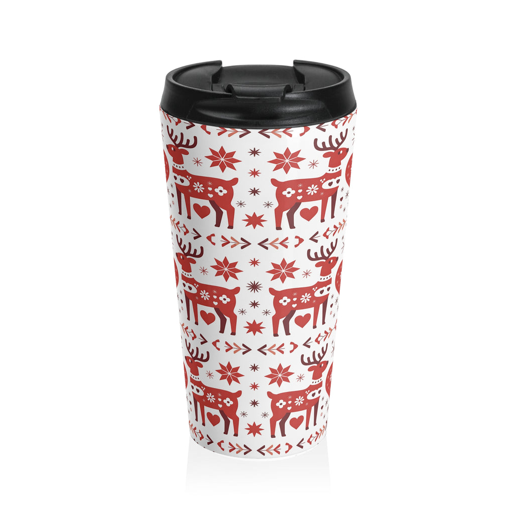 Red Scandinavian Reindeer Pattern Insulated Travel Mug | Nordic Christmas Mug