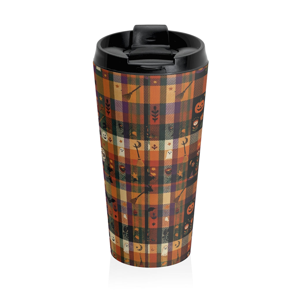 Halloween Plaid Travel Mug | Pumpkins, Cats, Bats & Skulls