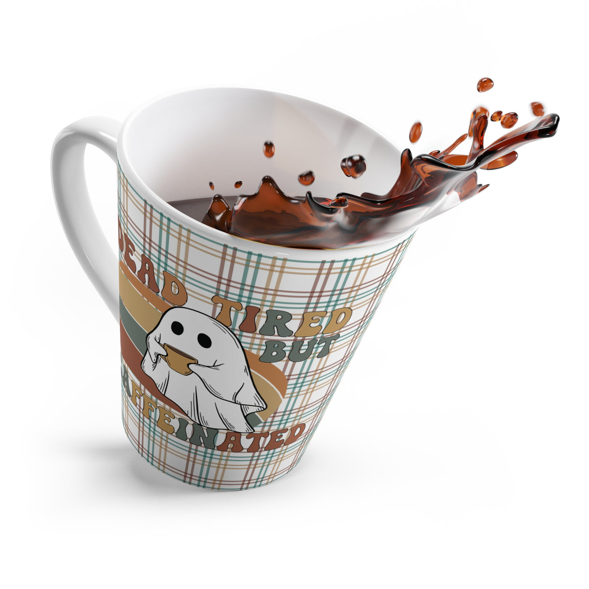 Cozy Funny Ghost Latte Mug - Perfect for Coffee Lovers, Cute Halloween, Dead Tired But Caffeinated, Autumn Nights, Plaid Design