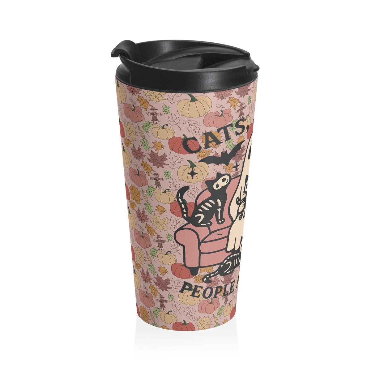 Spooky Fall Cat Lovers Travel Mug: Fun Halloween Ghost & Pumpkin Design, Perfect for Coffee Lovers