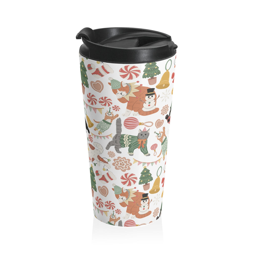 Christmas Cats Pajama Party Travel Mug | Winter Holiday Trees, Ornaments, Candy Cane