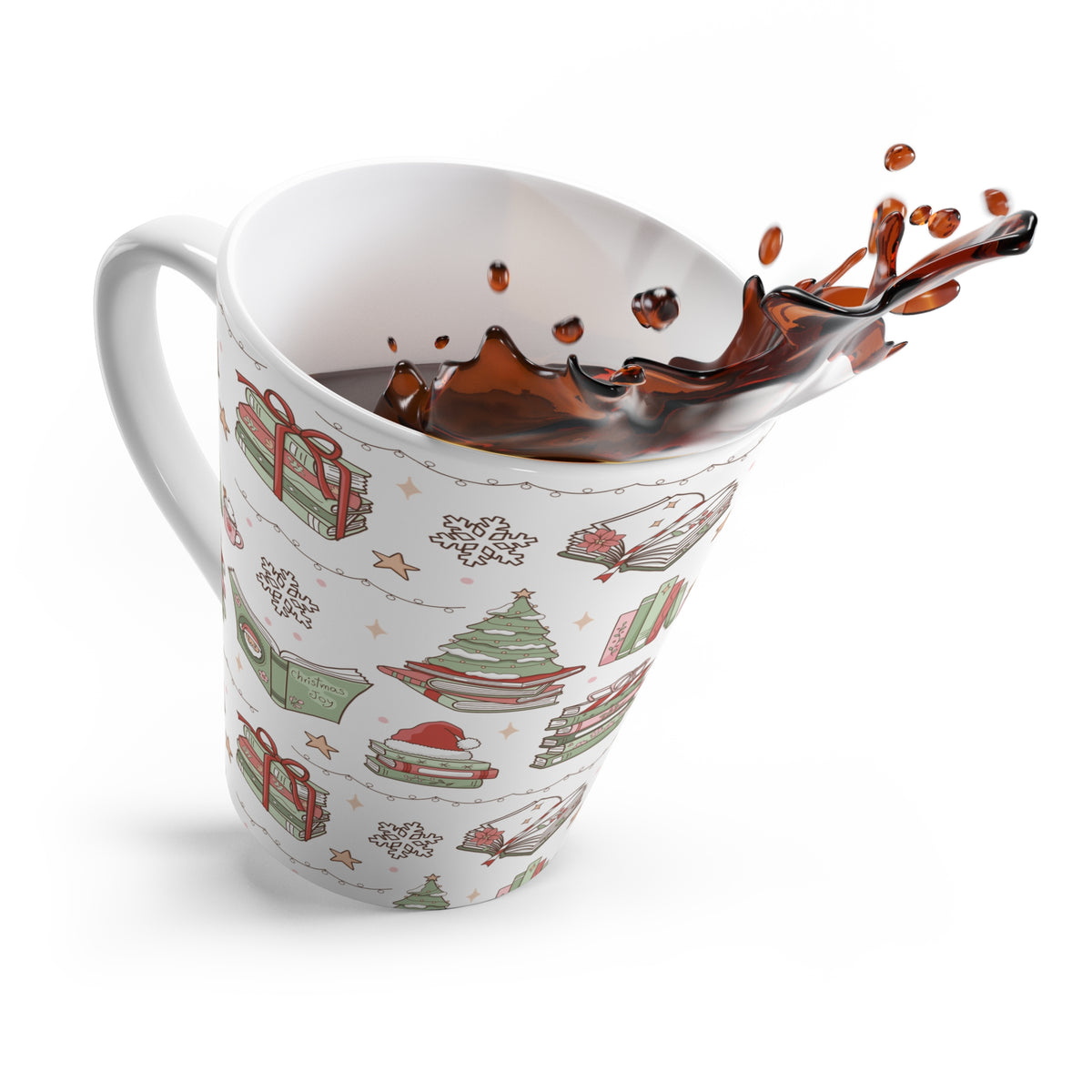 Cozy Christmas Books Pattern Latte Mug | Holiday Winter Books, Gifts, Snowflakes