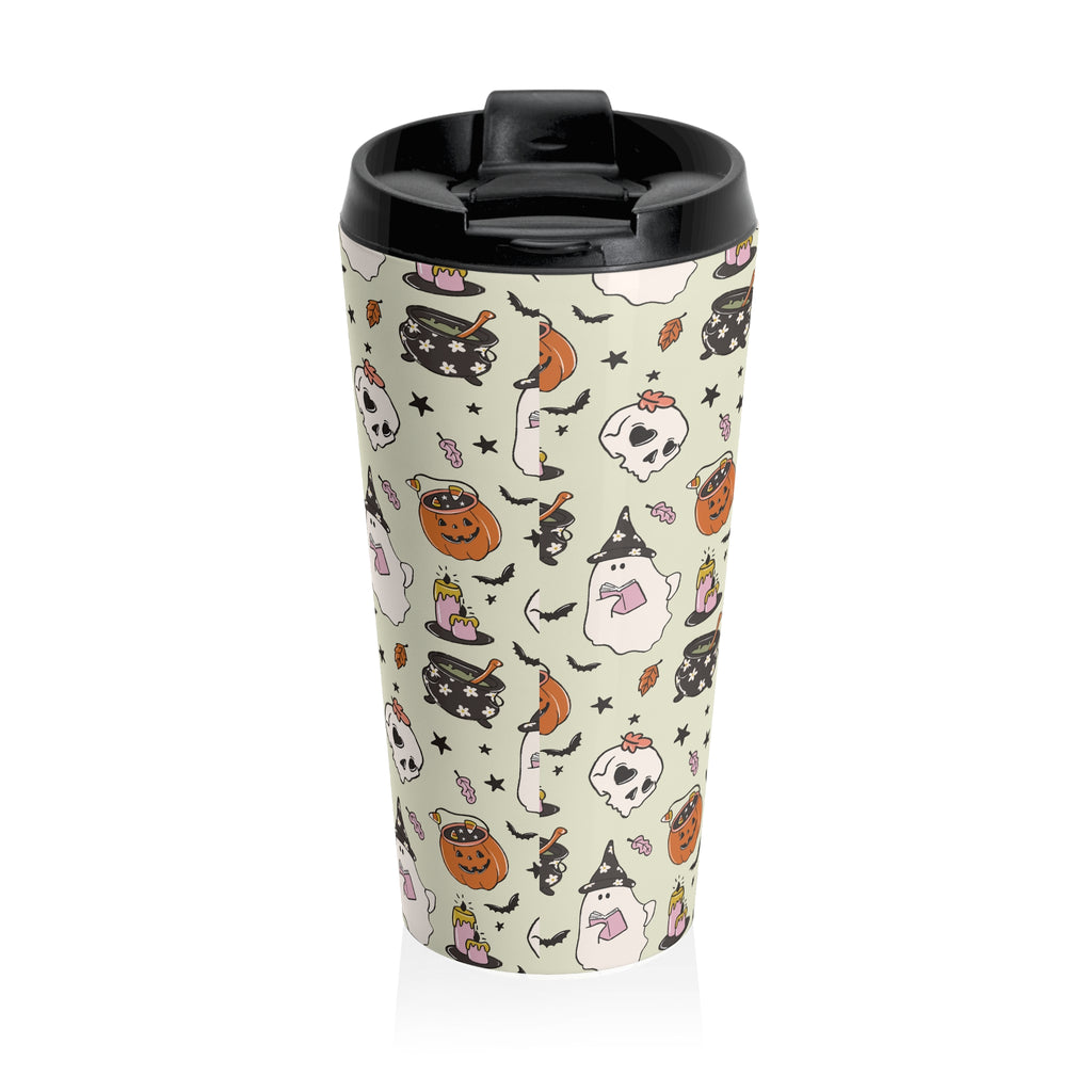 Halloween-Ghosts Wizards, Pumpkins Themed Travel Mug, Cute Ghosts and Pumpkins, Perfect for Fall Gifts, Spooky Season