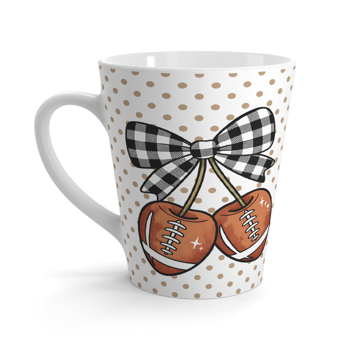 Polka Dot Latte Mug, Football Fan Coquette Bow Neutral Tones, Coffee Cup, Tea Cup, Sports Fan Mug, Football Theme Mug