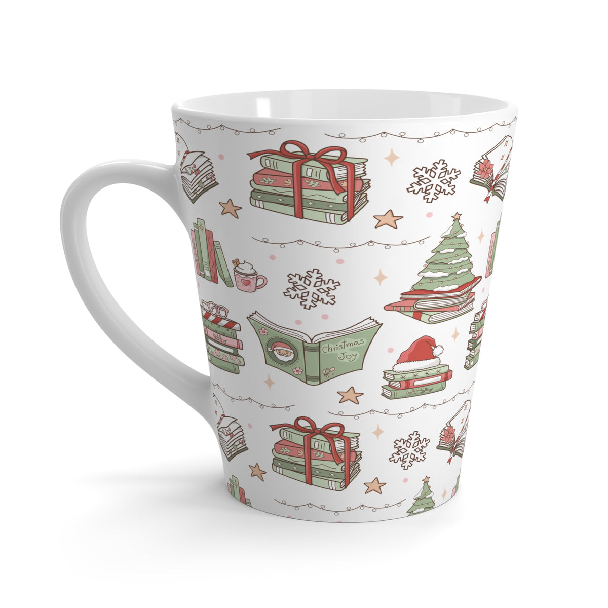 Cozy Christmas Books Pattern Latte Mug | Holiday Winter Books, Gifts, Snowflakes