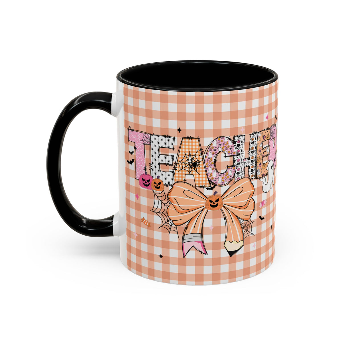 This Teacher Runs on Coffee & Halloween Candy, Cozy Plaid Quilt Style Letters Coffee Cup, Gift for Teacher Appreciation, Back to School