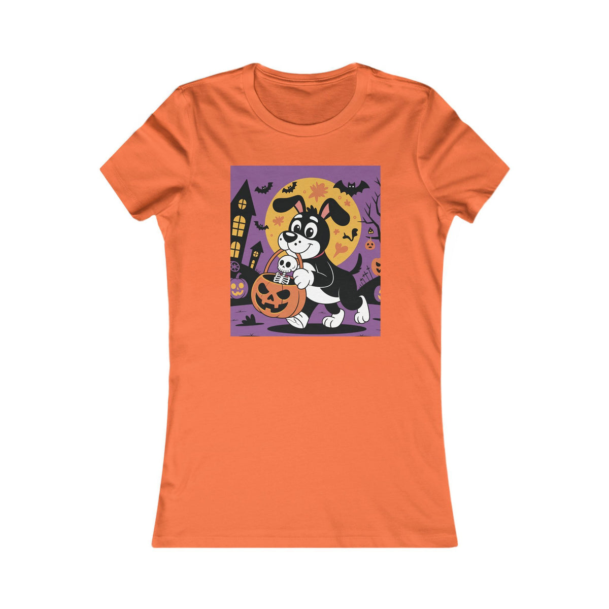 Halloween Women's Tee, Funny Dog with Halloween Bucket and Skeleton t-shirt, Spooky Ladies Shirt, Halloween Costume Top, Trick or Treat Tee
