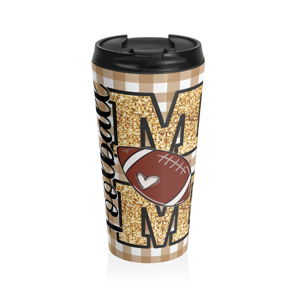 Cute Coquette Bow "Football Mom" Tan Beige Check Travel Mug, Gift for Sports Lovers, Stainless Steel Cup, Coffee Tumbler for Game Day
