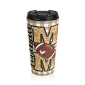 Cute Coquette Bow "Football Mom" Tan Beige Check Travel Mug, Gift for Sports Lovers, Stainless Steel Cup, Coffee Tumbler for Game Day