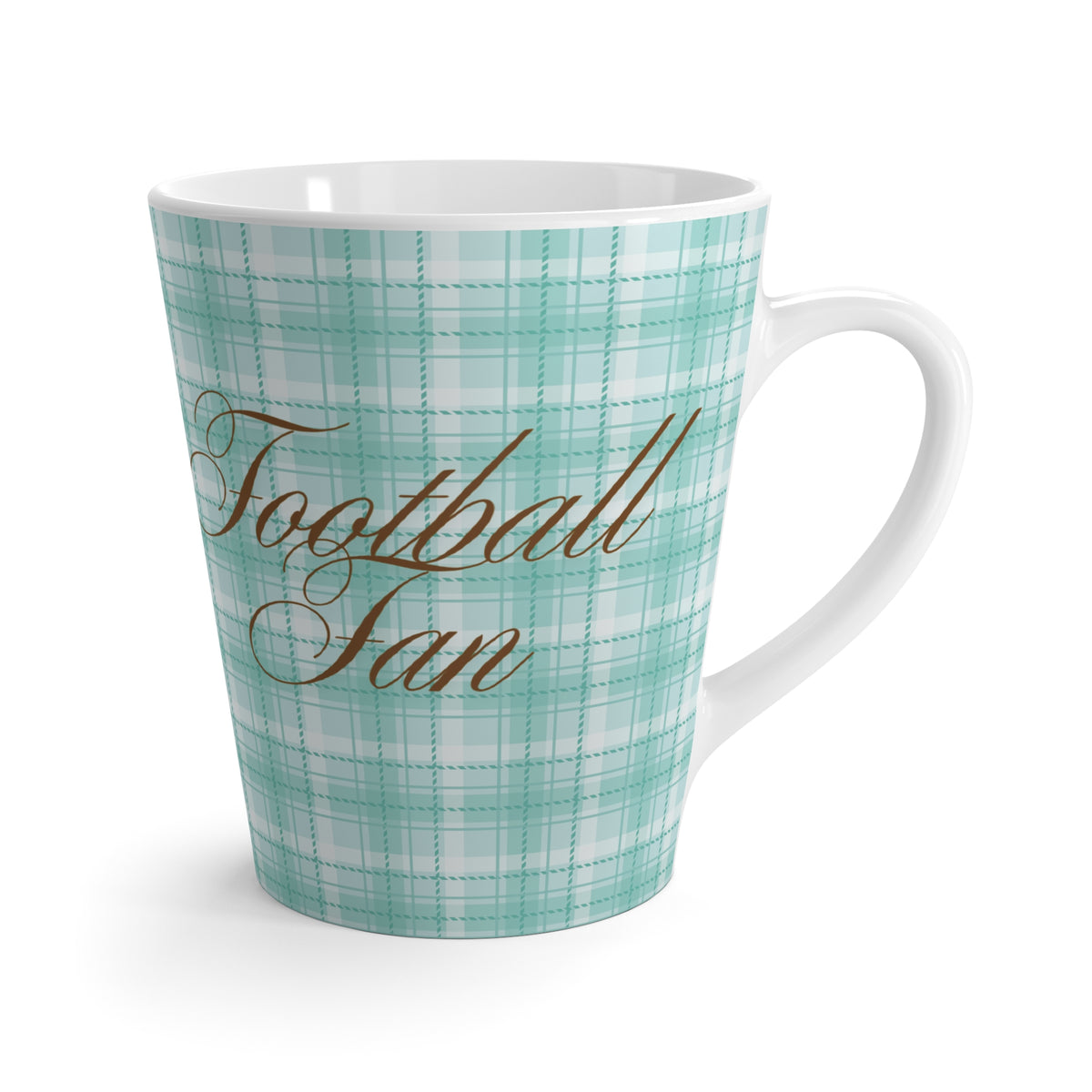 Charming Cyan Plaid Latte Mug for Football Fans, Cheerful Mug for Game Days, Coffee Lover's Gift, Coquette Bow, Celebrate Football Season