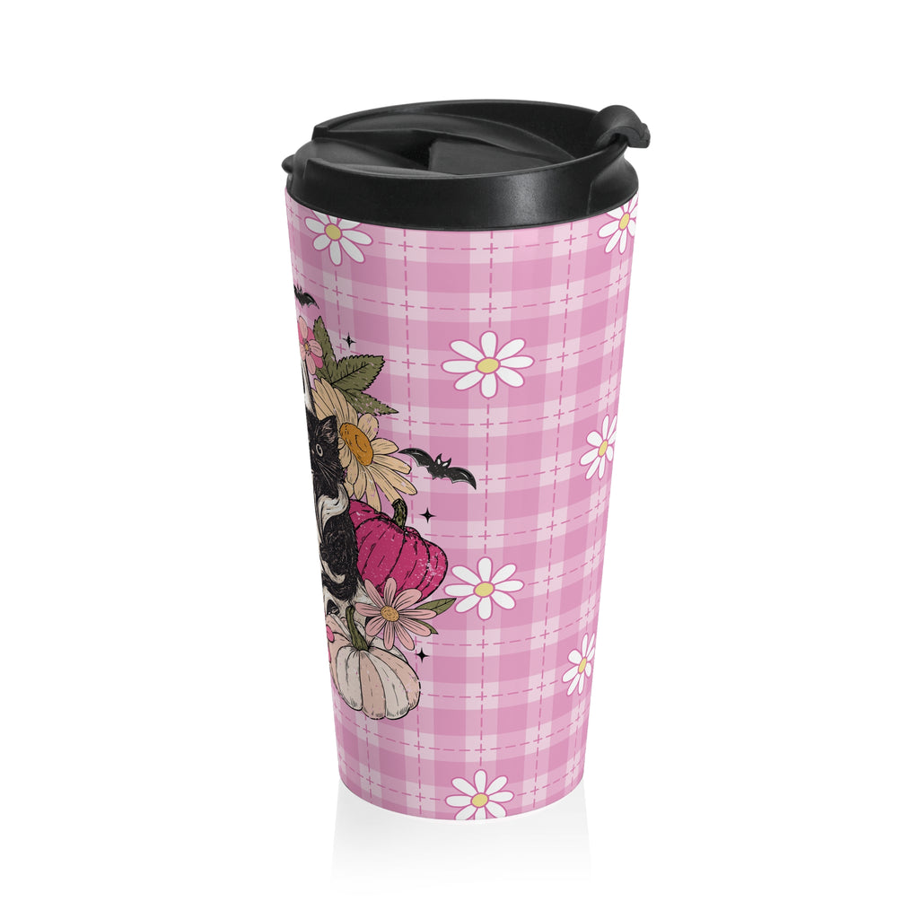 Whimsical Floral Ghost and Black Cat  Travel Mug - Tranquil Vibes, Perfect for Cat Lovers, Girly Halloween