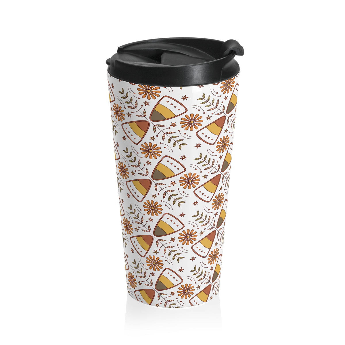Nordic Hygge Halloween Candy Corn Stainless Steel Travel Mug, Cozy Halloween Cup, Fall Hot Drink Tumbler, Autumn Tea Mug, Spooky Coffee