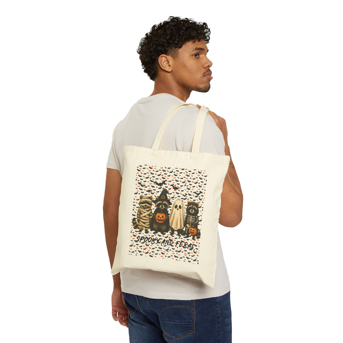 Funny "Spooky & Feral" Halloween-Themed Cotton Canvas Trick or Treat Tote Bag, Spooky Bag, Trick or Treat Tote, 15x16"