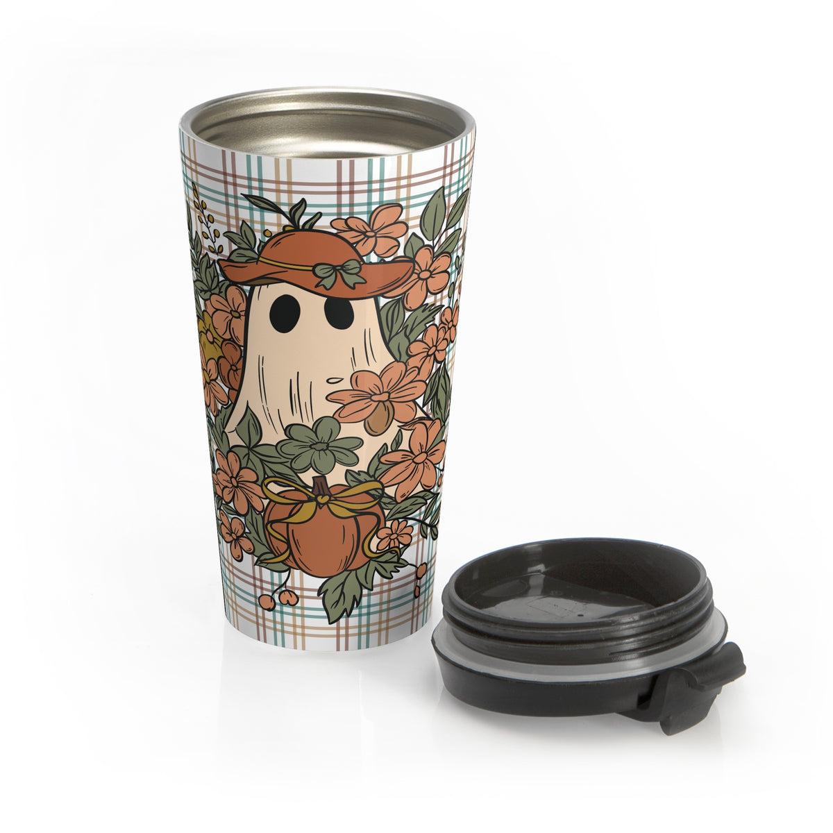 Halloween Boo-Jee Ghost Floral Plaid Autumn Vibes Stainless Steel Travel Mug, Cute Ghost Mug, Fall-Themed Coffee Cup, Pumpkin Spice