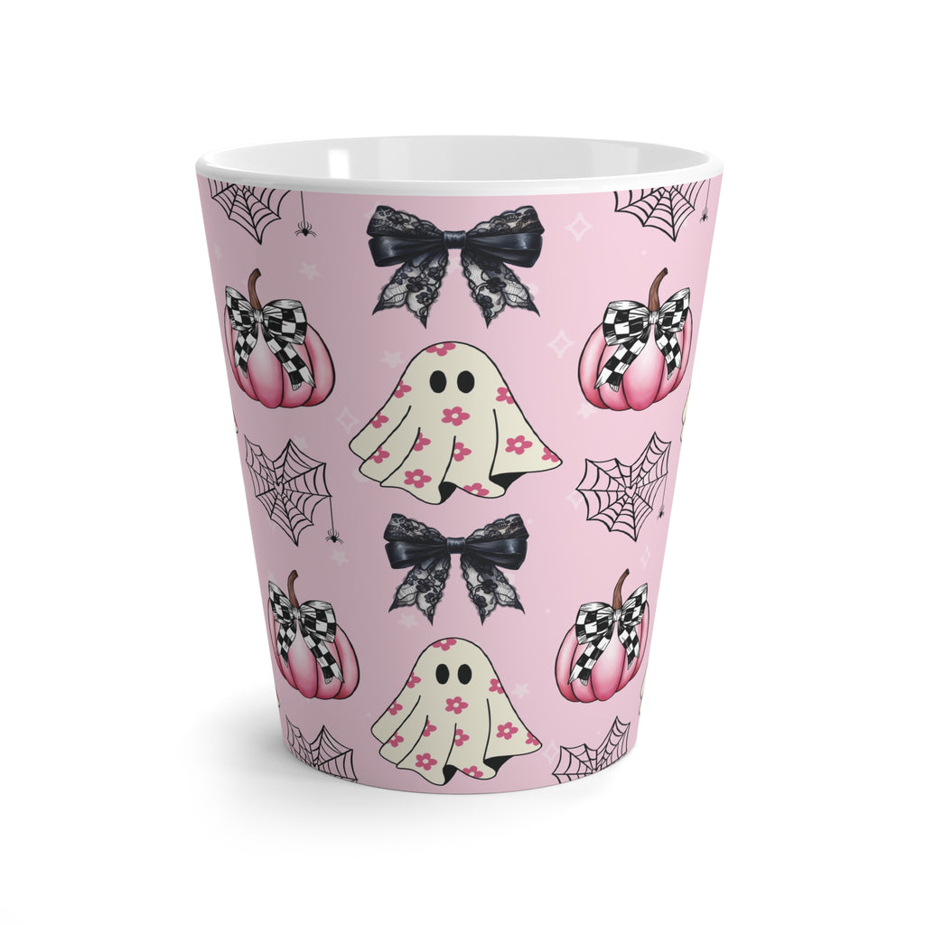 Pink Ghost Coquette Bow Latte Mug for Coffee Lovers | Cute Girly Halloween Design