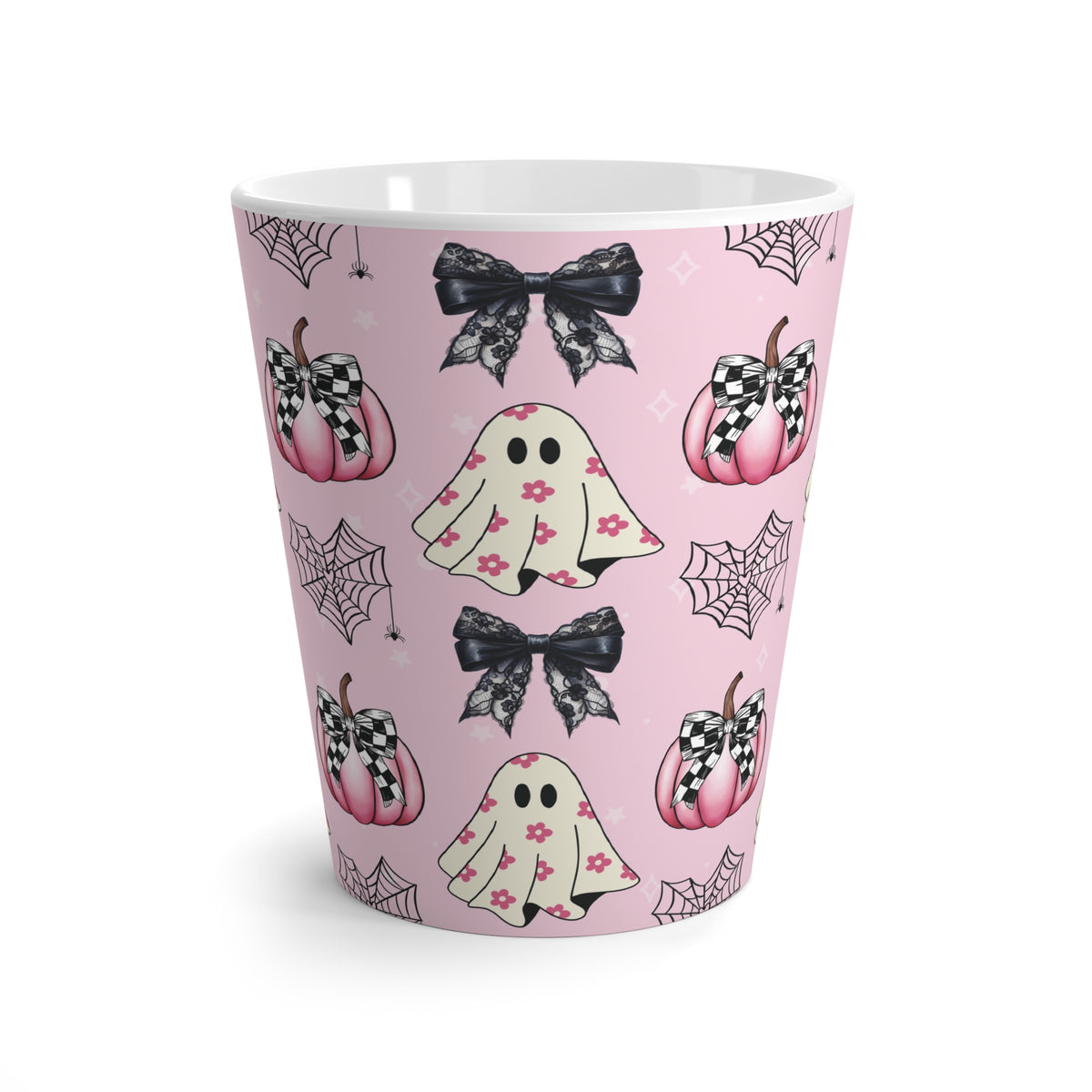 Pink Ghost Coquette Bow Latte Mug for Coffee Lovers | Cute Girly Halloween Design