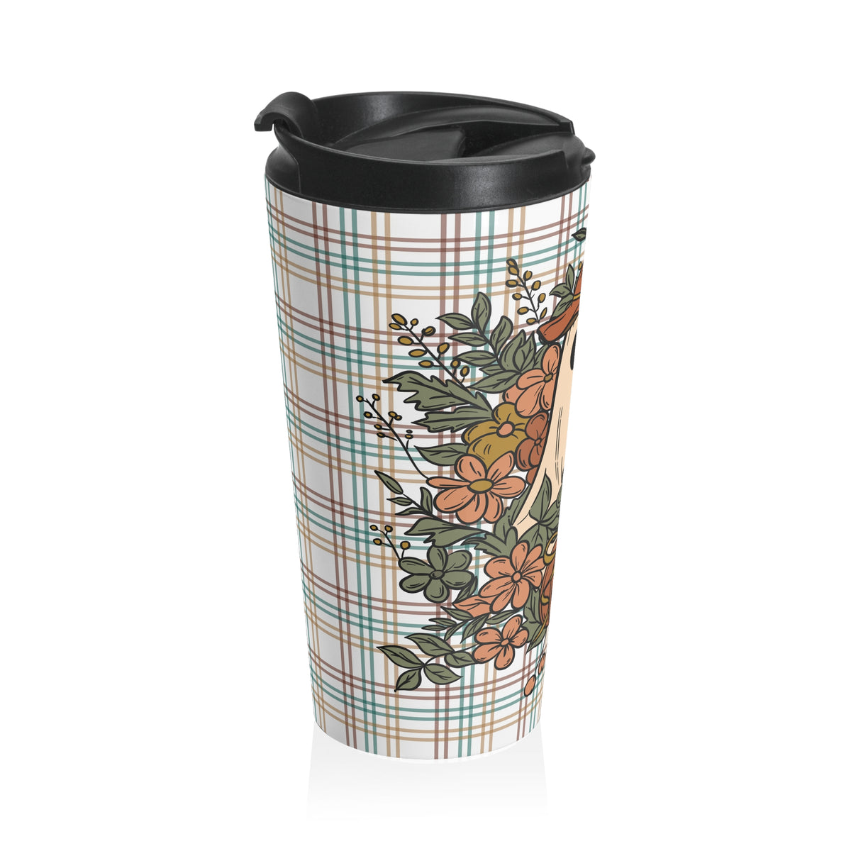 Halloween Boo-Jee Ghost Floral Plaid Autumn Vibes Stainless Steel Travel Mug, Cute Ghost Mug, Fall-Themed Coffee Cup, Pumpkin Spice