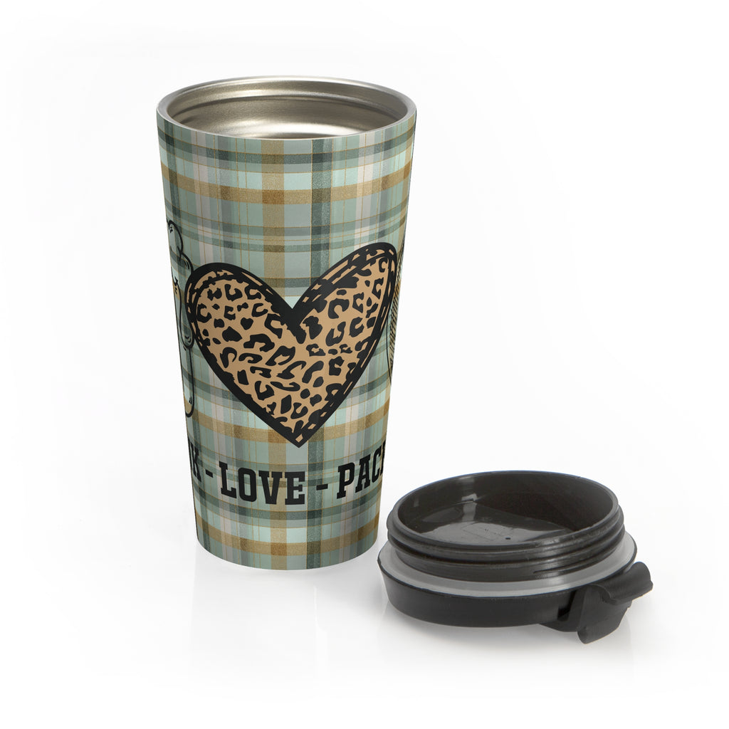 Green Bay Packers Football Fan Green Plaid "Drink, Love, Packers" Stainless Steel Travel Mug, Sports Team Gift, Game Day Tailgating Gear