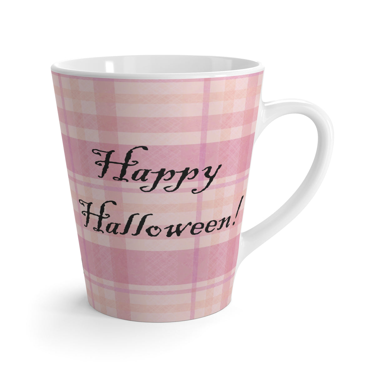 Cute Halloween Axolotl and Pink Plaid Latte Mug, Perfect for Cozy October Mornings