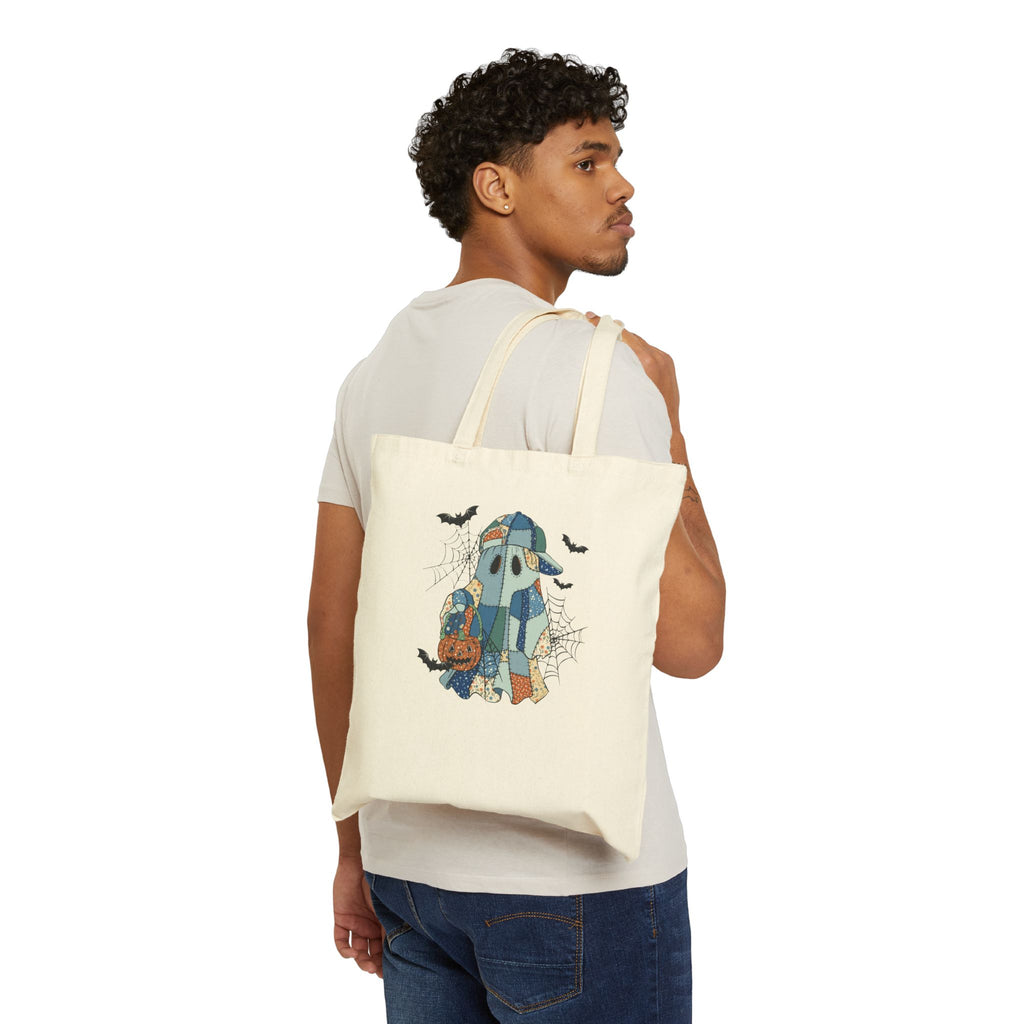 Spooky Cute Patchwork Ghost, Happy Halloween Bruh Tote Bag - Trick or Treat Bag, Eco-Friendly Cotton, Reusable Bag 15x16"