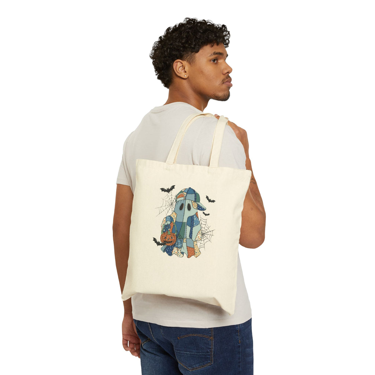 Spooky Cute Patchwork Ghost, Happy Halloween Bruh Tote Bag - Trick or Treat Bag, Eco-Friendly Cotton, Reusable Bag 15x16"