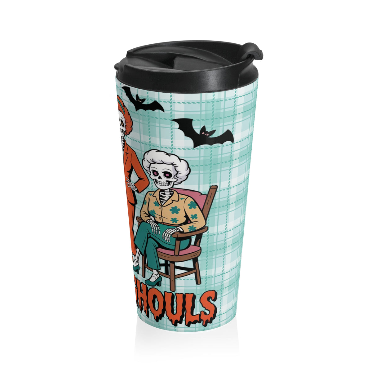 Funny Halloween "The Golden Ghouls" Cyan Plaid Travel Mug with Skeleton Design - Perfect for Halloween, Gifts, Coffee Lovers