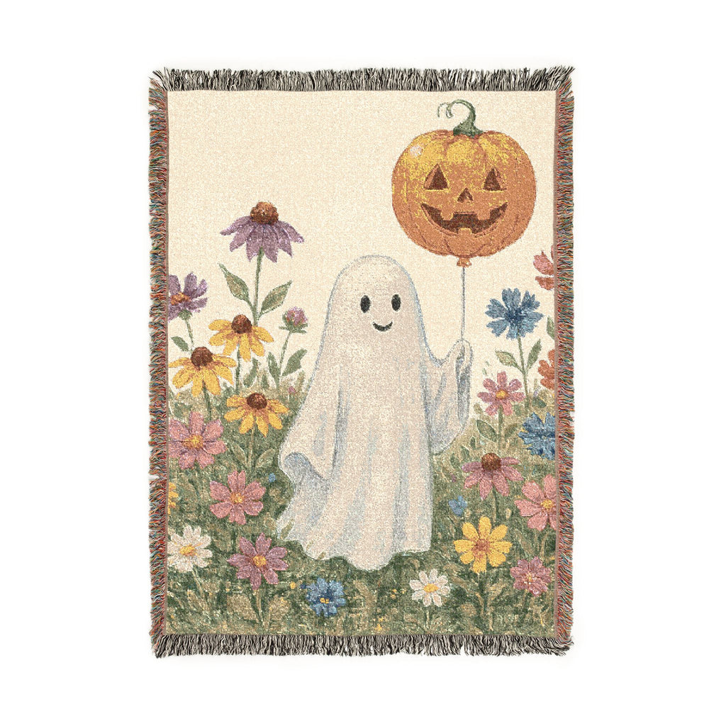 Ghost with Jack-o'-Lantern Woven Blanket | Halloween floral throw
