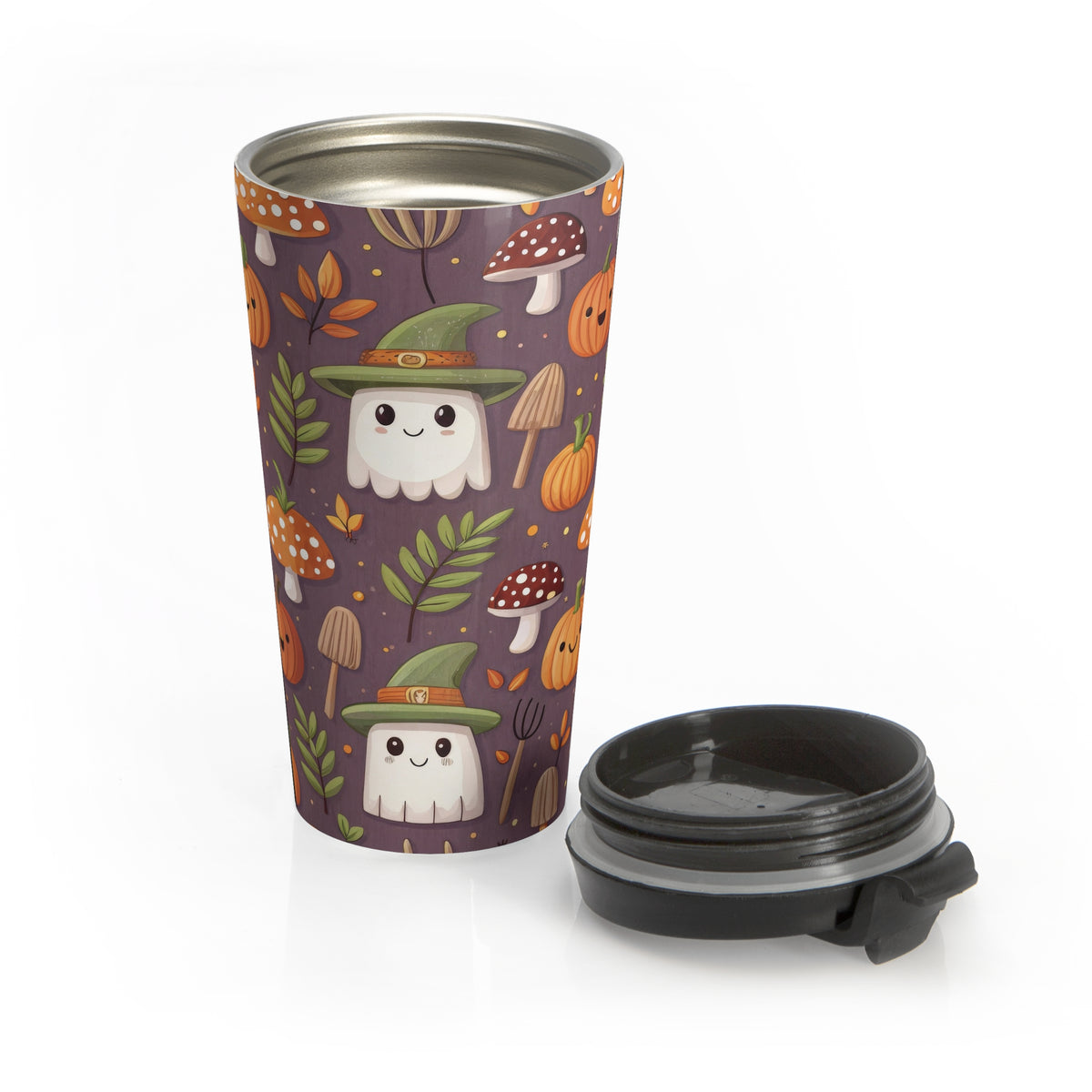 Whimsical Ghost and Mushroom Travel Mug | Halloween Coffee Cup, Eco-Friendly, Pumpkin Spice Lover's Mug