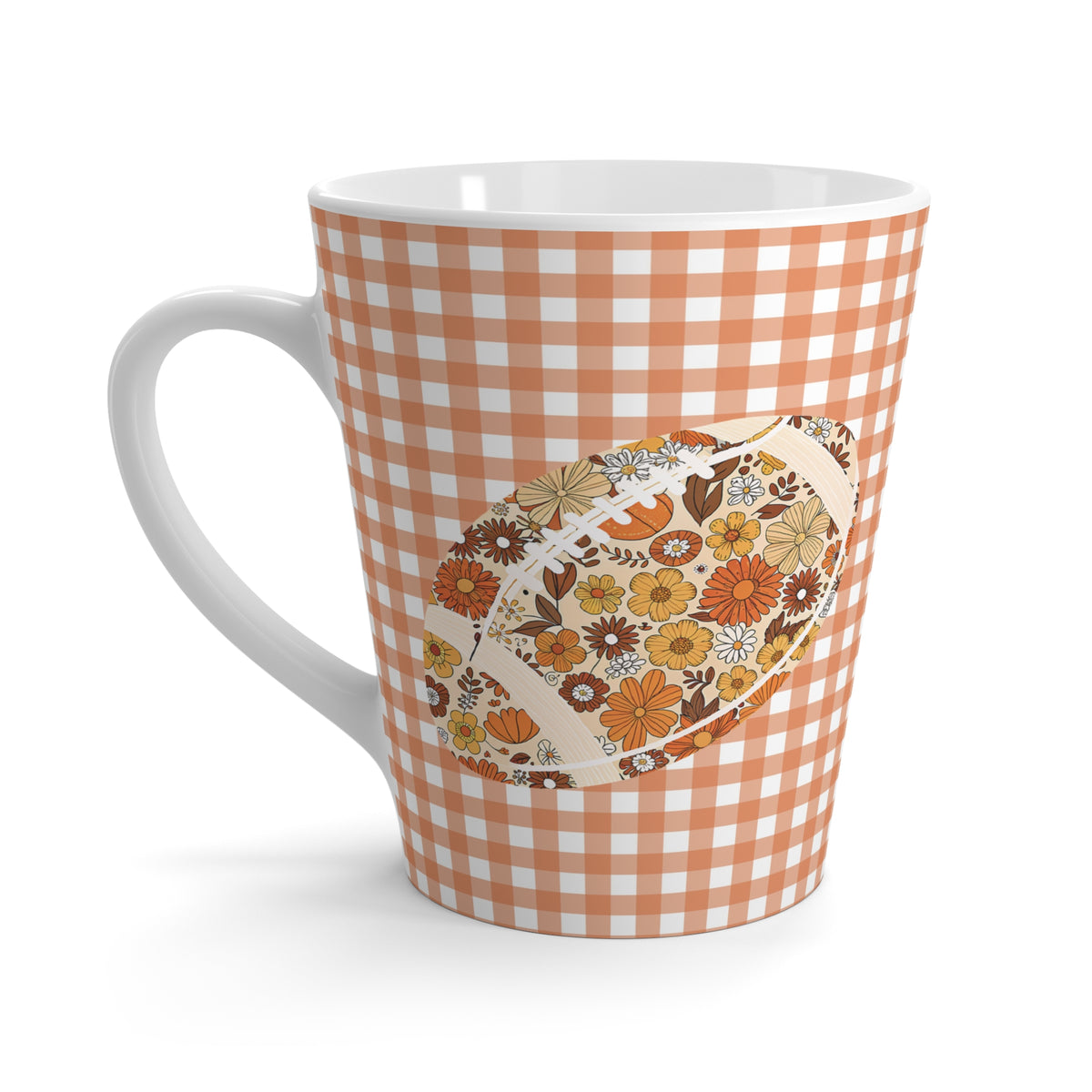 Fall Floral Football Fan Latte Mug - Autumn Coffee Cup, Sports Team Tea Mug, Seasonal Hot Cocoa Mug, Thanksgiving