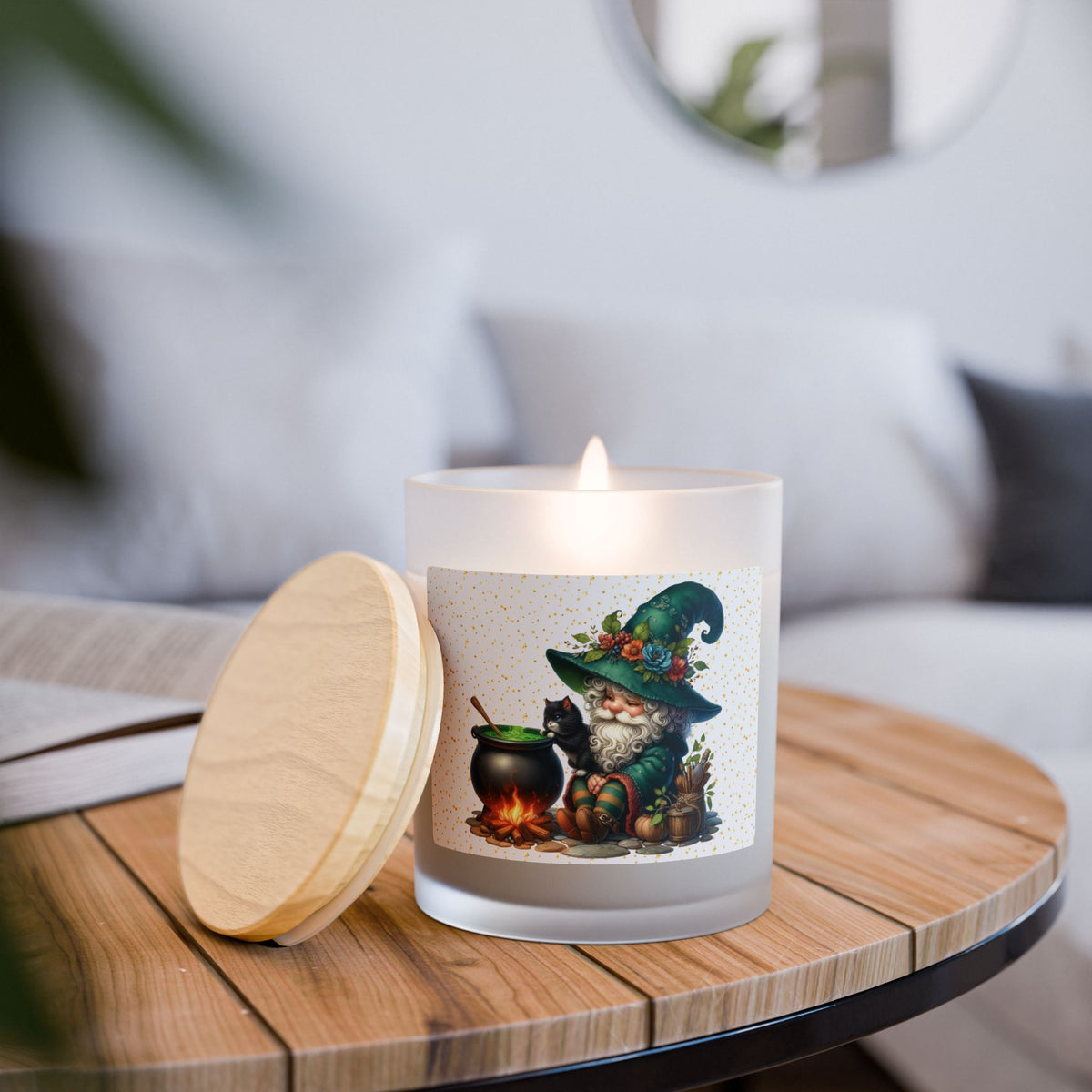 Autumn Gnome Black Cat Cauldron Candle, 11oz Frosted Glass for Cozy Vibes, Perfect for Home Decor, Gifts, Halloween